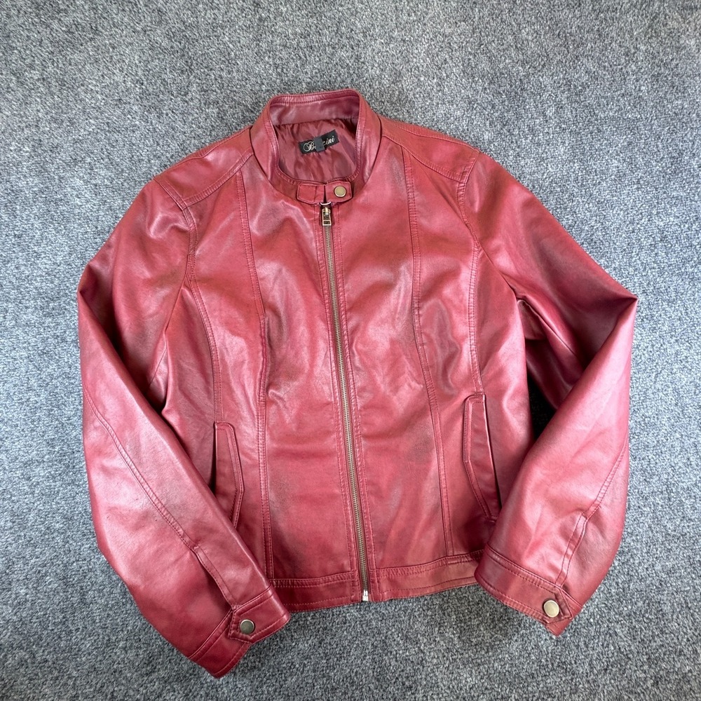 Baccini Motorcycle Jacket Womens XL Red Faux Leather Pockets Full Zip Biker